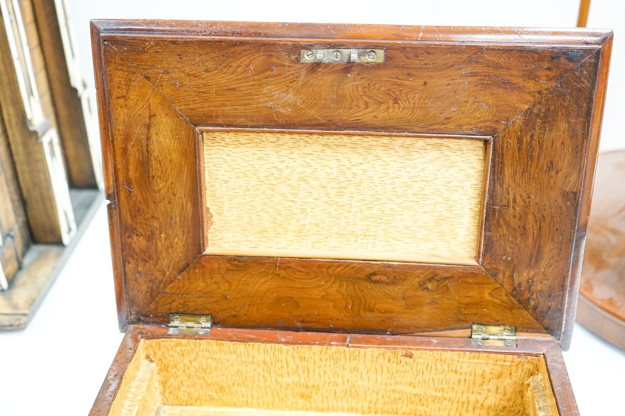 A Victorian inlaid yew box and Victorian mahogany writing slope, 39.5 cm